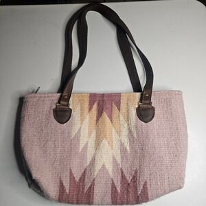 MZ Made Zapotec Wool Tote Bag Mauve Geometric Handwoven Leather Aztec Fair Trade